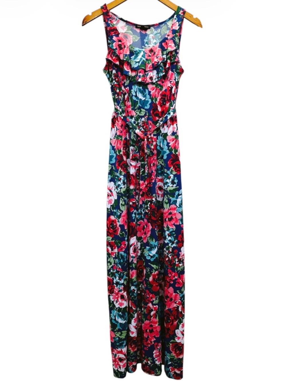 Susan Lawrence Navy Floral Ruffle Maxi Dress with Pink Accents